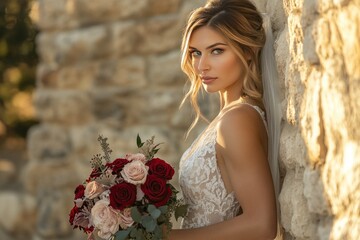 Wall Mural - Slim beautiful bride leaning against a stone wall, holding a bouquet of roses, dramatic lighting and moody backdrop for an elegant scene