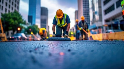 Leinwandbilder - Dedicated construction workers skillfully collaborating on road improvement project under clear blue sky showcasing teamwork and commitment to infrastructure development