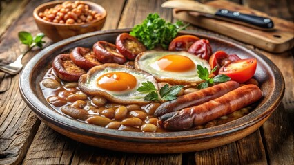 Hearty Breakfast Plate with Fried Eggs, Sausages, Baked Beans, and Tomatoes