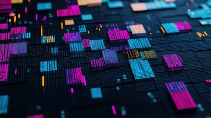 Poster - Data breaches illustrated by broken binary codes spilling across a black canvas, vibrant protective layers in contrast