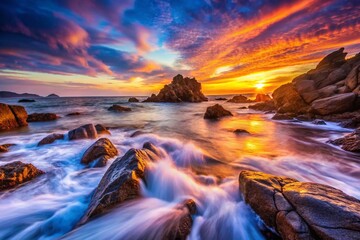 Wall Mural - Long Exposure: Dramatic Rocky Island Shoreline at Dusk