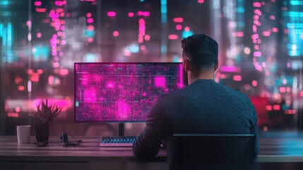 Aufkleber - Developer testing dynamic interactive surfaces in a futuristic cafe, ambient mood lighting, over-the-shoulder angle