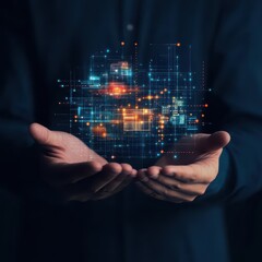 Fototapete - Person Holding a Digital Cube in Their Hands in a Futuristic Setting Symbolizing Technology Innovation and Creativity in a Modern Digital World
