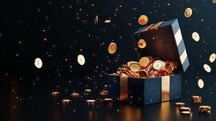 3d open gift box surprise with gold coins. loyalty program and get rewards, money prize reward. casi