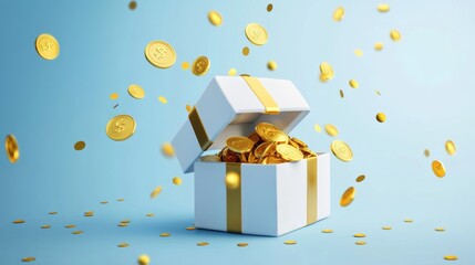 3d open gift box surprise with gold coins. loyalty program and get rewards, money prize reward. casi