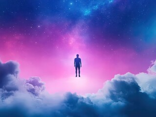 Aufkleber - Surreal Scene of a Man Standing on a Soft Cloud Amidst a Dreamy Pink Sky Evoking a Sense of Wonder and Tranquility in a Fantasy Landscape
