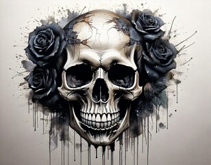 Realistic Watercolor Skull with Ink Splashes - Skull with black roses on its skull, day of the dead – Artistic Design for Apparel and Prints