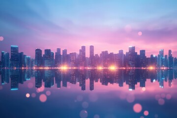 Fototapete - Futuristic skyline at dusk, illuminated by city lights shimmer, low angle showcasing reflective surfaces glowing in soft light