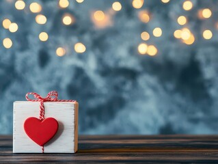 Poster - Charming Small Wooden Block Featuring a Bright Red Heart Symbolizing Love and Affection Set Against a Simple Natural Background Evoking Warmth