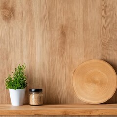 Aufkleber - Cozy Wooden Shelf Displaying A Stylish Potted Plant Alongside A Decorative Pot Creating A Warm Inviting Atmosphere For Home Decor Enthusiasts