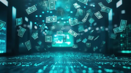 Poster - Holographic currency exchange in a tech hub, sparkling lights and digital screens, vibrant atmosphere, low angle shot