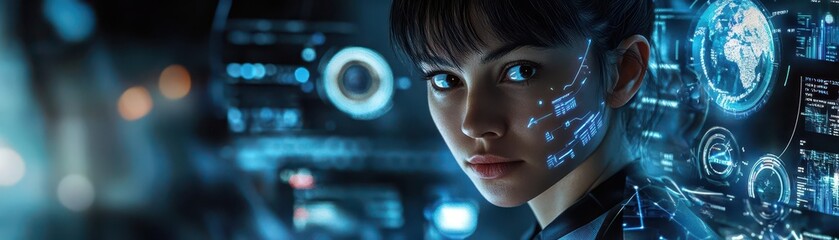 Aufkleber - A woman gazing in awe at cutting edge futuristic technology in a sleek modern environment showcasing innovation and curiosity about the future