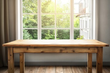 Wall Mural - Sunny wood table near window, garden view, product display