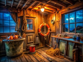 Wall Mural - Low Light: Captain's Cabin, Old Fishing Boat, Orange Lifebuoy