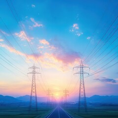 Aufkleber - Breathtaking Sunset Scene Featuring a Tranquil Road Framed by Power Lines and Vibrant Colors of the Sky Creating a Peaceful Evening Atmosphere
