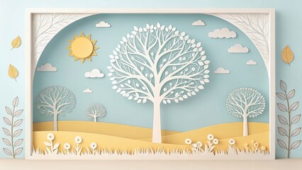 tree and sunny sky cute 3d papercut art illustration background