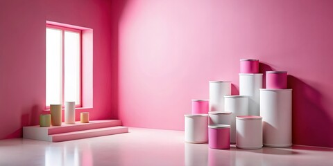 Wall Mural - pink room interior design with cylindrical display stands