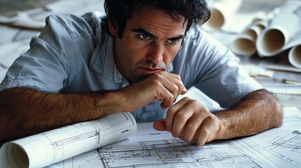 Architect analyzing blueprints with focused expression and rolled plans in background