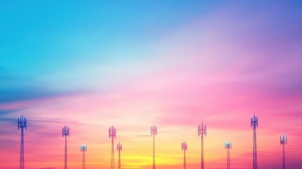 Wall Mural - silhouettes of router trees against a neon sunset, soft ambient light, low-angle shot revealing the 