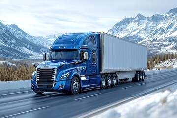 blue semi-truck driving on a snowy mountain highway.