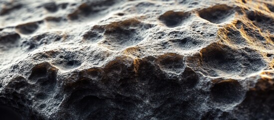 Close-up of a rough, textured stone surface with pitted and uneven formations, illuminated by sunlight.