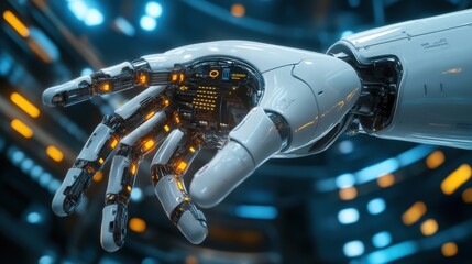 Poster - Futuristic Robot Hand with Intricate Circuitry and Bright Lights in a High-Tech Environment Showcasing Advanced Technology and Innovation