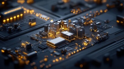 Poster - Futuristic Abstract Cityscape with Circuit Board Design Featuring Glowing Components and Illuminated Buildings in a Technological Environment
