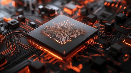 Poster - Close-up view of a modern microchip surrounded by intricate electronic circuits glowing with orange light on a dark background, representing technological advancement and innovation.