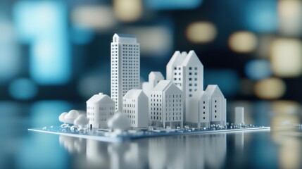 Poster - Minimalist Cityscape Model on Glossy Surface with Blurred Background Lights Depicting Urban Architecture and Design Concepts in Modern Style
