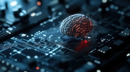 Poster - Futuristic Brain Model on Circuit Board Background Symbolizing Artificial Intelligence and Neural Networks in a Technological Environment