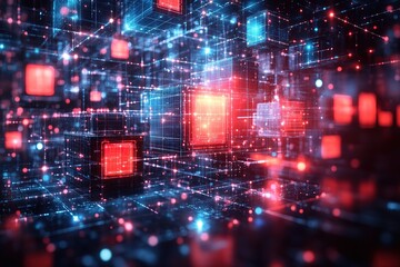 Wall Mural - abstract digital network with glowing cubes and lines. represents data flow and interconnectedness.