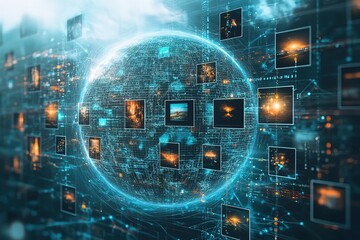 Wall Mural - global network of interconnected data and images visualized as a glowing sphere.