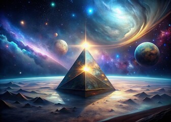 Wall Mural - Luminous Pyramid in Futuristic Space: Cosmic Mystery Stock Photo