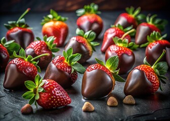 Wall Mural - Luscious Chocolate Covered Strawberries Panoramic Dark Background Stock Photo