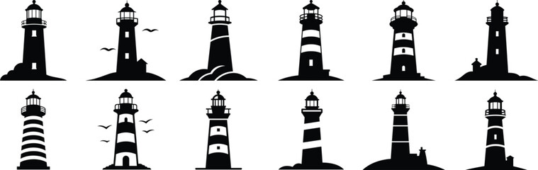 Lighthouse silhouette set vector design big pack of sea illustration and icon