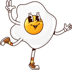 Poster - Groovy breakfast fried egg character. Isolated cartoon vector retro food personage reveals a happy yolk face, wishing good morning and spreading joy with enthusiasm. Cheerful scrambled omelet egg