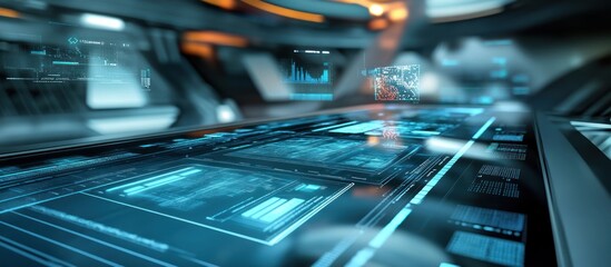Futuristic digital interface with holographic data displays on a sleek, interactive surface.