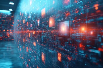 Wall Mural - digital data streams and glowing screens fill a futuristic server room, creating a vibrant and dynam