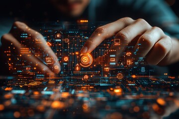 interactive digital interface, futuristic technology concept. person interacts with glowing data.