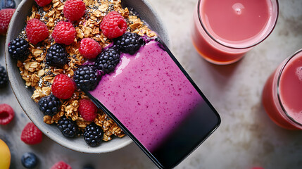 Canvas Print - A delicious and healthy breakfast bowl filled with granola, raspberries, blackberries, and a vibrant berry smoothie. The perfect start to a day!