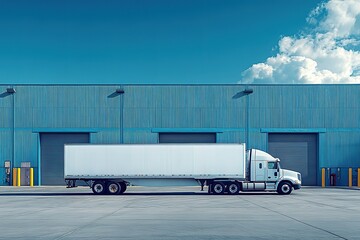 White semi-truck parked outside a blue warehouse building under a bright sky.