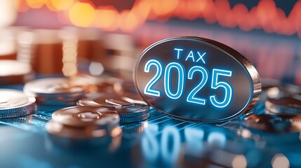 Wall Mural - Glowing neon blue network and metallic TAX 2025 text against a futuristic abstract background  Concept of financial forecasting tax policy changes economic growth and business transformation