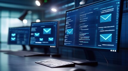 Cybersecurity email monitoring system with multiple computer screens displaying code and email icons in a dark server room.
