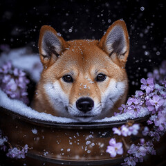 Wall Mural - shiba inu with frosted petals