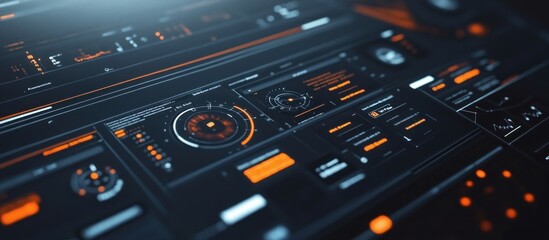 Futuristic digital interface with orange and blue glowing elements.