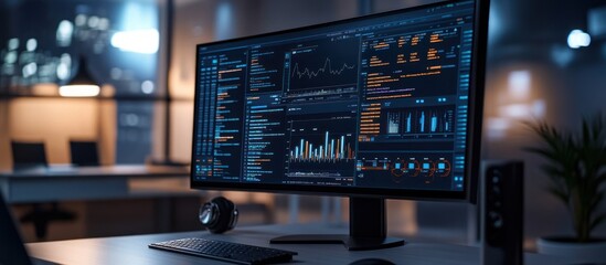 Modern computer displaying data analytics and code in a dark office.
