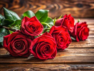 Wall Mural - Lush Red Roses on Rustic Wooden Background - High-Resolution Stock Photo