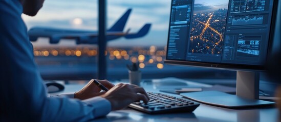 person working on computer at airport with airplane in background.