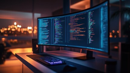 Night coder's workspace with large curved monitor displaying lines of code.