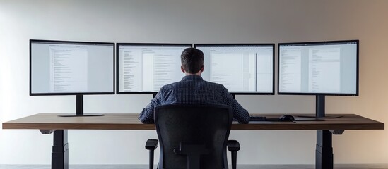 Rear view of a programmer working on multiple computer screens at a desk.